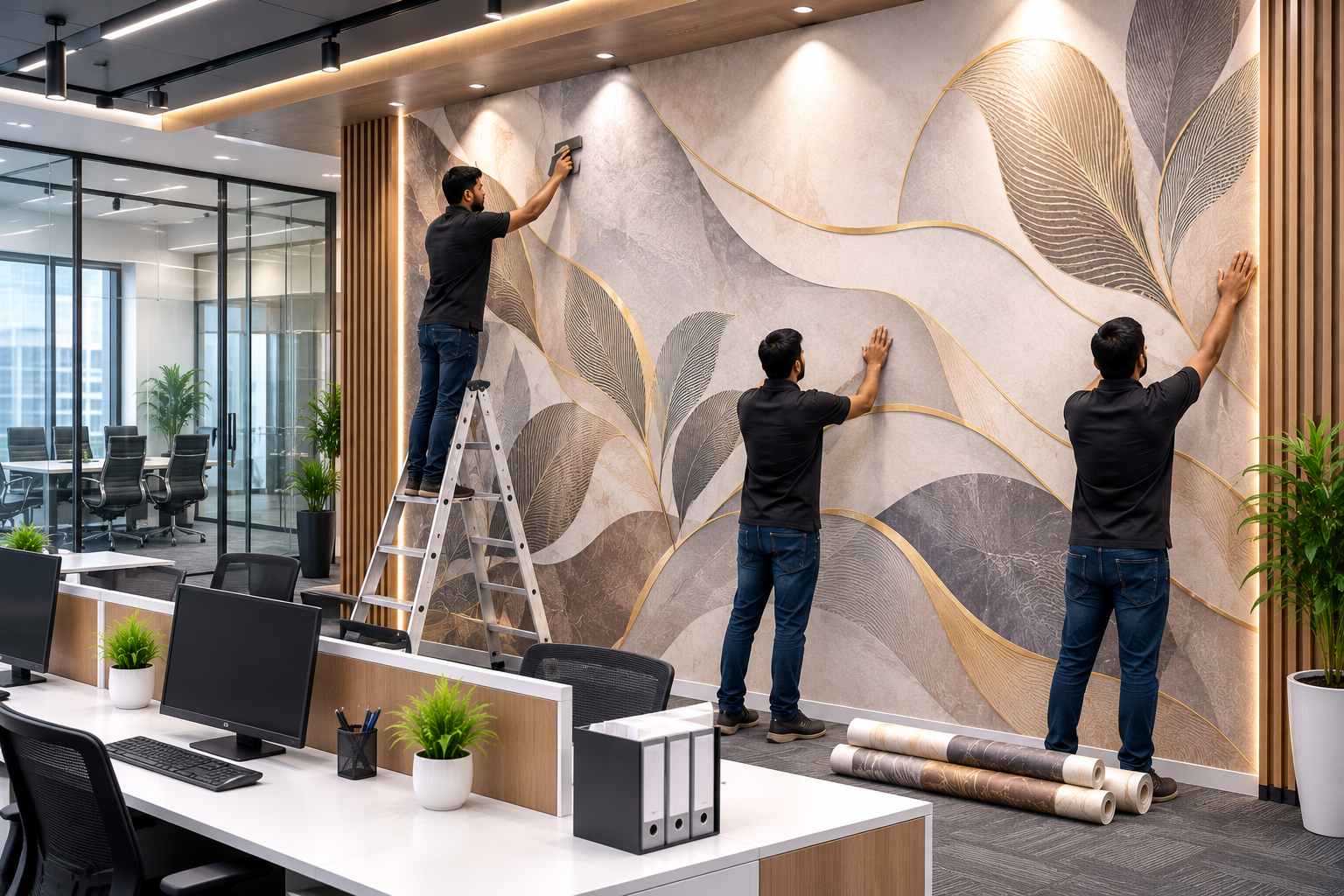 Professional wallpaper installers applying a luxury feature wall mural in a modern commercial office