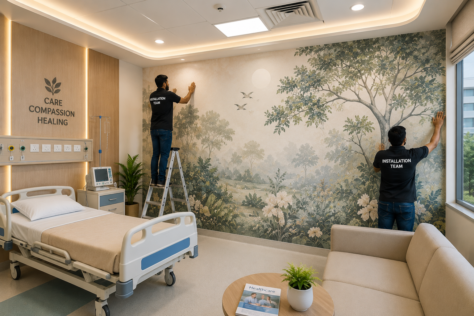 Professional wallpaper installers applying a calming nature mural in a modern hospital room