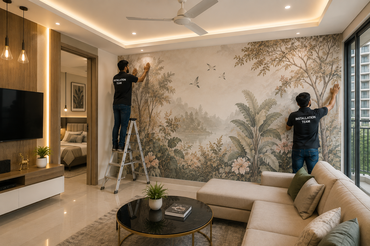 Professional wallpaper installers applying a decorative feature wall mural in a modern apartment interior