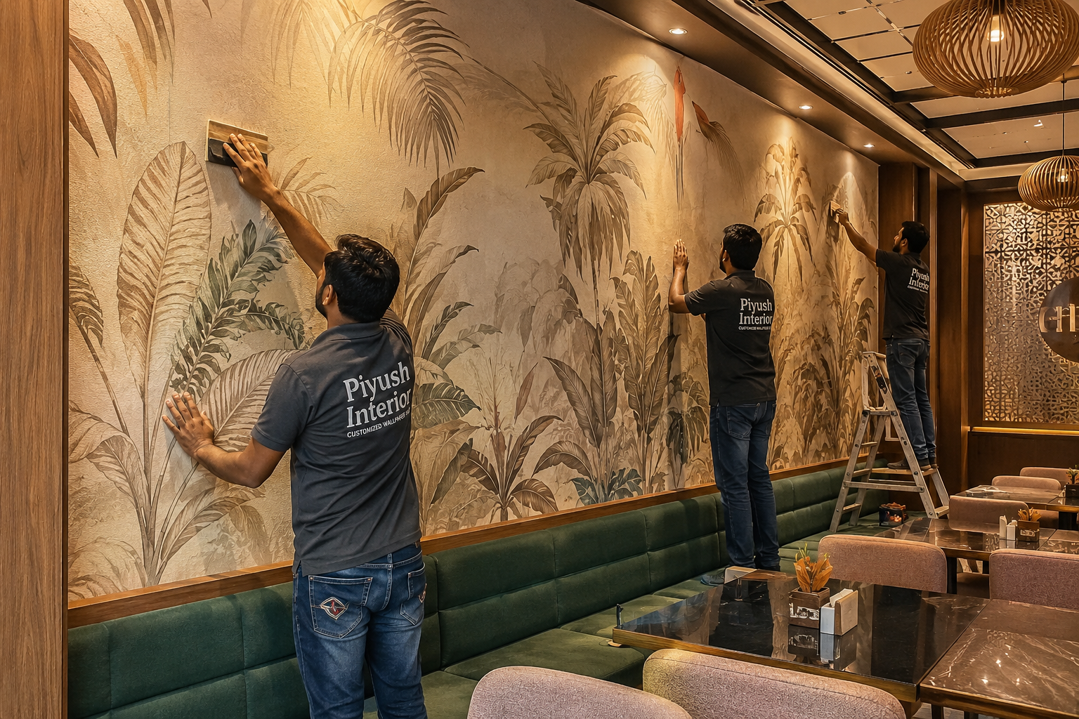 Professional wallpaper installation in a modern hotel or restaurant interior by Piyush Interior
