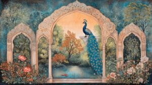 Royal peacock garden arch wallpaper with flowers and scenic landscape