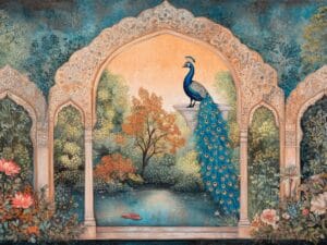 Royal peacock garden arch wallpaper with flowers and scenic landscape