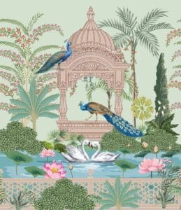 Royal peacock garden wallpaper with lotus and swans