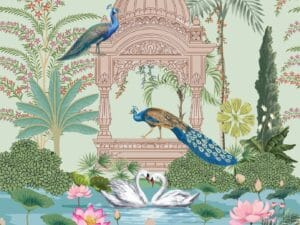 Royal peacock garden wallpaper with lotus and swans