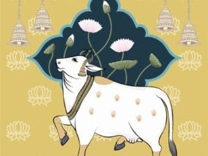 Sacred cow wallpaper with lotus flowers and temple bells