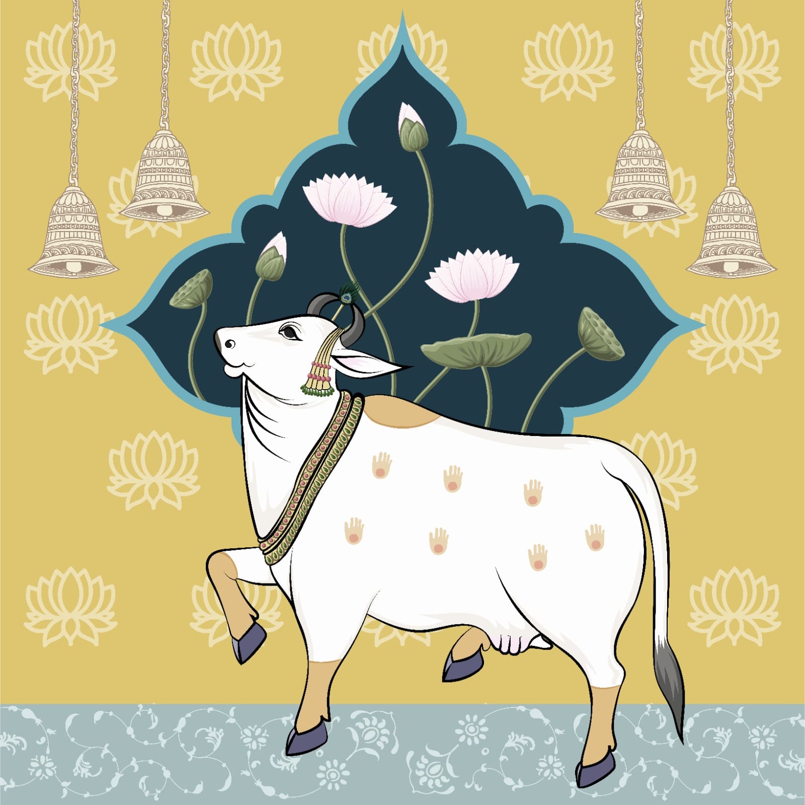 Sacred cow wallpaper with lotus flowers and temple bells