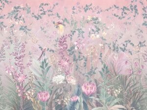 Pastel floral garden wallpaper with flowers, greenery and birds