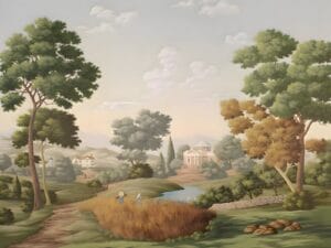Vintage countryside landscape wallpaper with trees and river