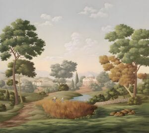 Vintage countryside landscape wallpaper with trees and river