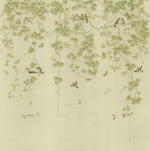 Premium botanical wallpaper with green vines, white flowers, colorful birds, butterflies, and a soft cream background.
