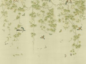 Premium botanical wallpaper with green vines, white flowers, colorful birds, butterflies, and a soft cream background.