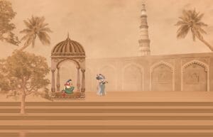 Mughal heritage wallpaper featuring Indian architecture, pavilion, Qutub Minar, and traditional art in warm beige tones.