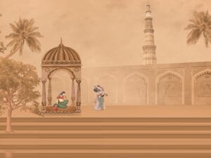 Mughal heritage wallpaper featuring Indian architecture, pavilion, Qutub Minar, and traditional art in warm beige tones.