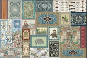 Premium vintage patchwork heritage wallpaper with Persian rugs, floral motifs, royal elephants, horse riders, and designer patterns.