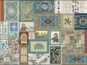 Premium vintage patchwork heritage wallpaper with Persian rugs, floral motifs, royal elephants, horse riders, and designer patterns.