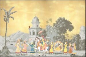 Premium royal Indian wedding procession wallpaper featuring traditional musicians, horse, palanquin, palace, and heritage landscape.