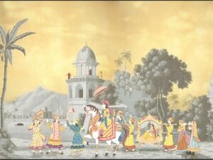 Premium royal Indian wedding procession wallpaper featuring traditional musicians, horse, palanquin, palace, and heritage landscape.