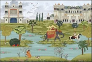 Premium royal palace heritage wallpaper with elephant, horse rider, lake, peacock, gardens, and Indian palace.