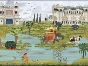 Premium royal palace heritage wallpaper with elephant, horse rider, lake, peacock, gardens, and Indian palace.
