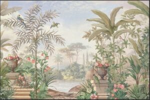 Premium tropical botanical wallpaper featuring palm trees, parrots, flowers, planters, and scenic nature.
