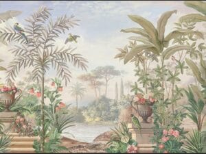 Premium tropical botanical wallpaper featuring palm trees, parrots, flowers, planters, and scenic nature.