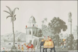 Vintage royal heritage landscape wallpaper featuring palace, elephant, camel, trees, and scenic architecture.