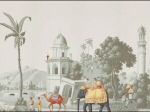 Vintage royal heritage landscape wallpaper featuring palace, elephant, camel, trees, and scenic architecture.