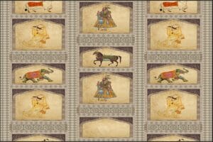 Royal Mughal art wallpaper with traditional Indian miniature paintings and palace arch design