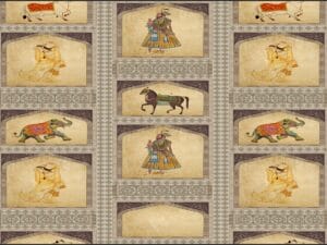 Royal Mughal art wallpaper with traditional Indian miniature paintings and palace arch design