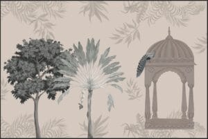 Luxury wallpaper with Mughal pavilion, peacock, tropical palm tree, botanical foliage, and beige background.
