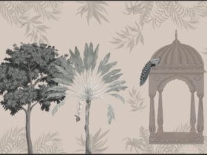 Luxury wallpaper with Mughal pavilion, peacock, tropical palm tree, botanical foliage, and beige background.