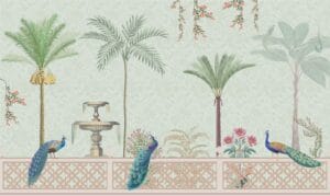 Peacock and palm tree garden wallpaper