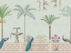 Peacock and palm tree garden wallpaper