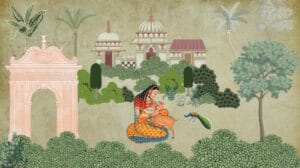 Indian woman deer and palace garden wallpaper