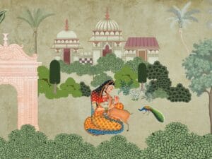 Indian woman deer and palace garden wallpaper