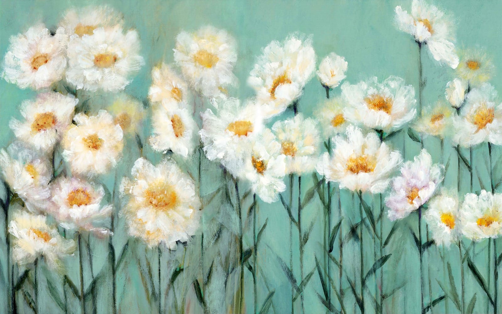 White watercolor flowers on a soft aqua blue floral wallpaper