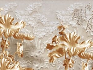 Luxury golden lotus flowers with embossed white floral design wallpaper