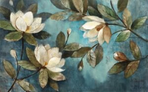 Blue watercolor wallpaper with white flowers and green leaves