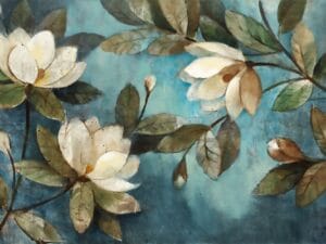 Blue watercolor wallpaper with white flowers and green leaves