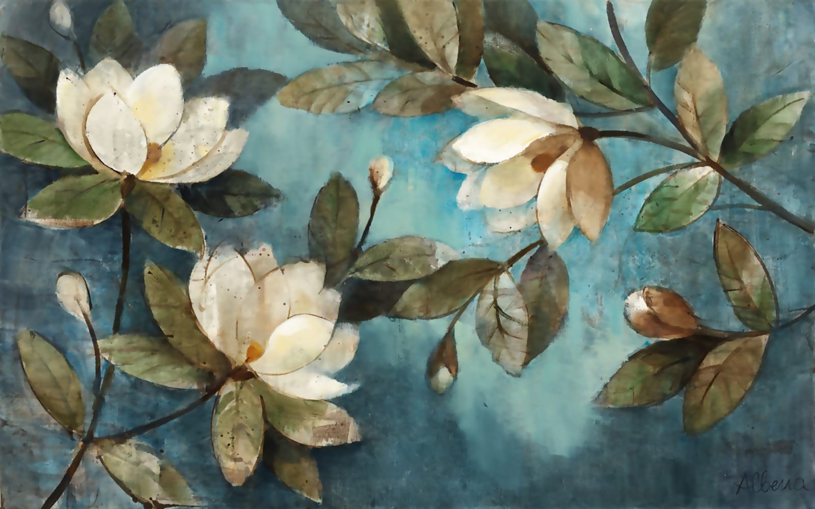 Blue watercolor wallpaper with white flowers and green leaves
