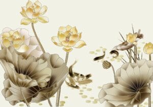 Golden lotus flowers and koi fish wallpaper in beige tones
