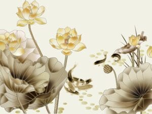 Golden lotus flowers and koi fish wallpaper in beige tones