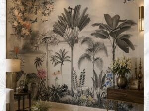 Monochrome tropical botanical mural wallpaper featuring elegant palm trees, flowering branches, birds, and lush foliage in a vintage landscape.