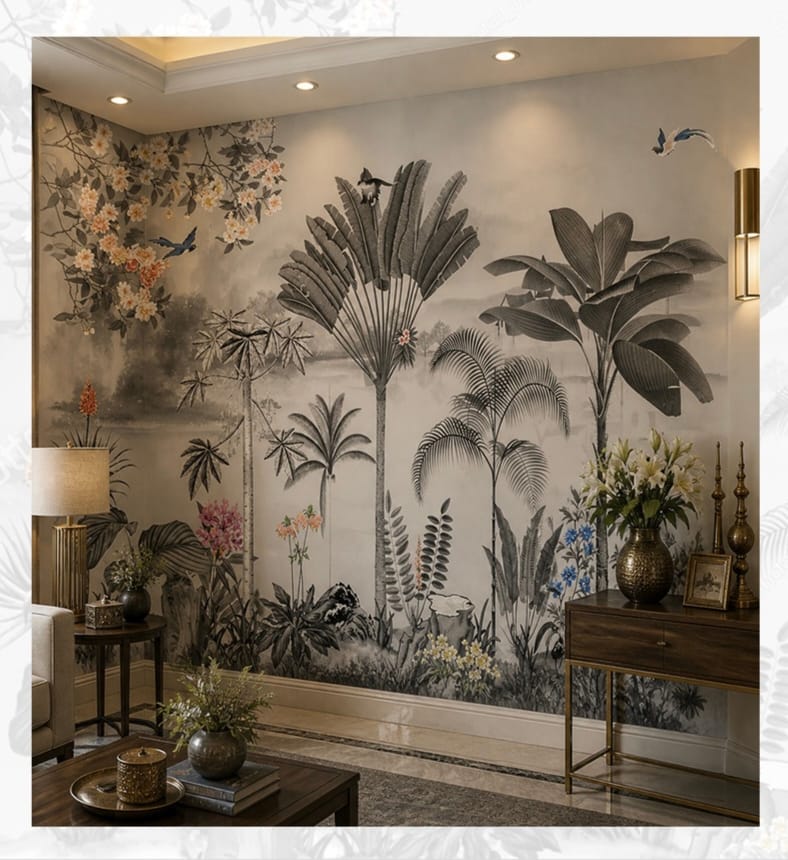 Monochrome tropical botanical mural wallpaper featuring elegant palm trees, flowering branches, birds, and lush foliage in a vintage landscape.
