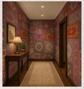 Patchwork Persian carpet wallpaper featuring intricate vintage rug patterns in rich red, blue, and gold tones, creating a luxurious heritage-inspired interior.