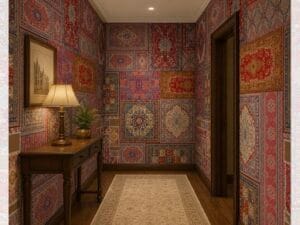 Patchwork Persian carpet wallpaper featuring intricate vintage rug patterns in rich red, blue, and gold tones, creating a luxurious heritage-inspired interior.