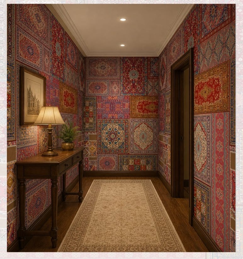 Patchwork Persian carpet wallpaper featuring intricate vintage rug patterns in rich red, blue, and gold tones, creating a luxurious heritage-inspired interior.