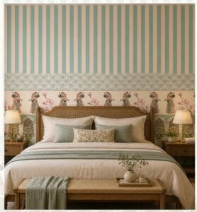 Heritage-inspired bedroom wallpaper featuring pastel blue and beige vertical stripes with a decorative Mughal border, floral garden motifs, and traditional Indian musician illustrations