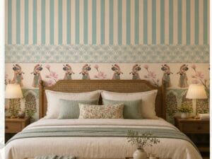 Heritage-inspired bedroom wallpaper featuring pastel blue and beige vertical stripes with a decorative Mughal border, floral garden motifs, and traditional Indian musician illustrations