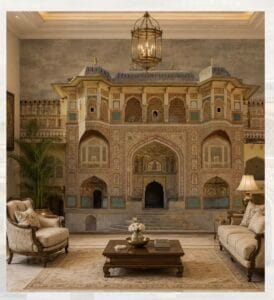 Royal Indian palace wallpaper featuring ornate Mughal architecture with intricate fresco details and heritage-inspired façade.